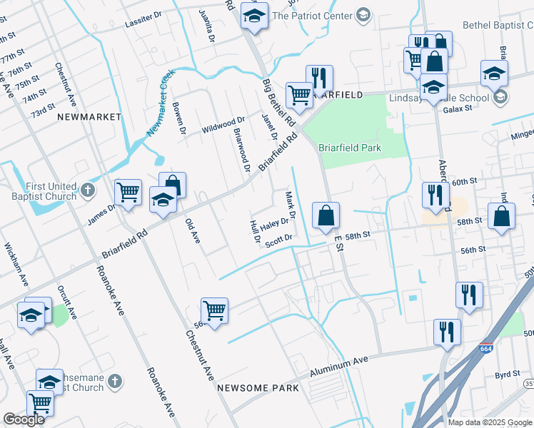 map of restaurants, bars, coffee shops, grocery stores, and more near 19 Myra Drive in Hampton