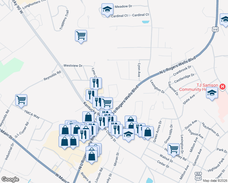 map of restaurants, bars, coffee shops, grocery stores, and more near 200 Shalimar Drive in Glasgow