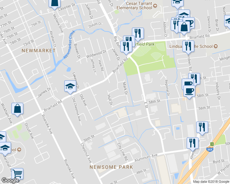 map of restaurants, bars, coffee shops, grocery stores, and more near 19 Myra Drive in Hampton