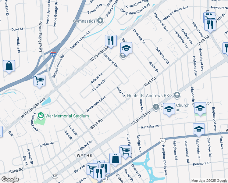 map of restaurants, bars, coffee shops, grocery stores, and more near 632 Quincy Street in Hampton