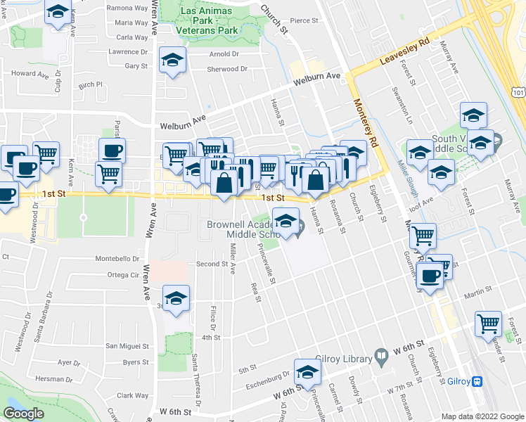 map of restaurants, bars, coffee shops, grocery stores, and more near 7931 Carmel Street in Gilroy