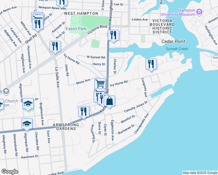 map of restaurants, bars, coffee shops, grocery stores, and more near 3922 Kecoughtan Road in Hampton