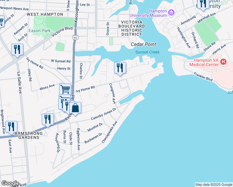 map of restaurants, bars, coffee shops, grocery stores, and more near 308 Congress Avenue in Hampton