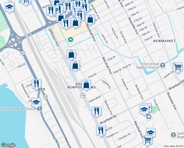 map of restaurants, bars, coffee shops, grocery stores, and more near 618 72nd Street in Newport News