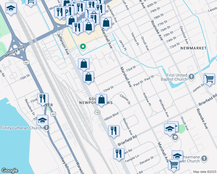 map of restaurants, bars, coffee shops, grocery stores, and more near 618 72nd Street in Newport News