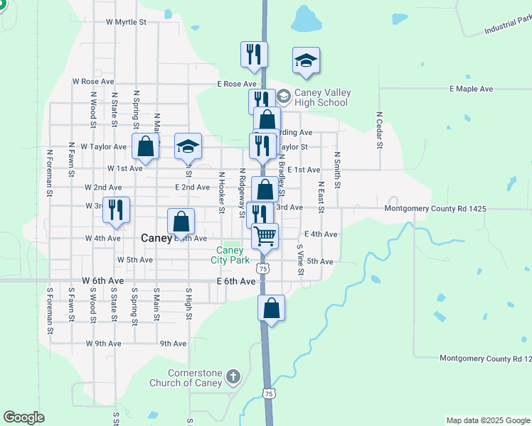 map of restaurants, bars, coffee shops, grocery stores, and more near 116 North McGee Street in Caney