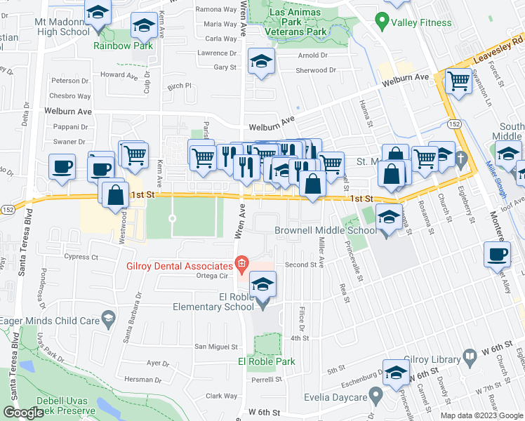 map of restaurants, bars, coffee shops, grocery stores, and more near 7956 Kipling Circle in Gilroy