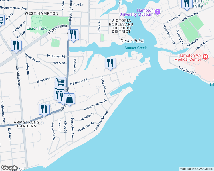 map of restaurants, bars, coffee shops, grocery stores, and more near 308 Congress Avenue in Hampton