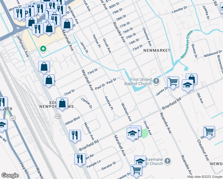 map of restaurants, bars, coffee shops, grocery stores, and more near 5931 Wickham Avenue in Newport News