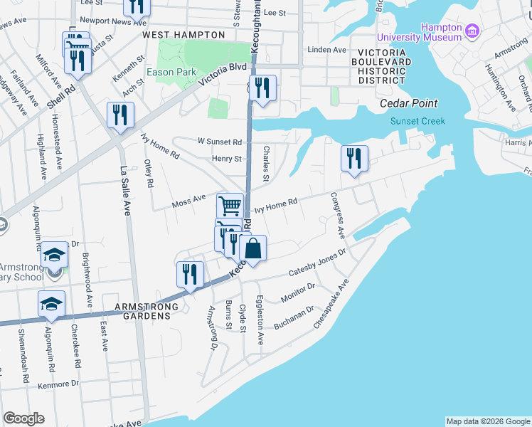 map of restaurants, bars, coffee shops, grocery stores, and more near 12 Pratt Street in Hampton
