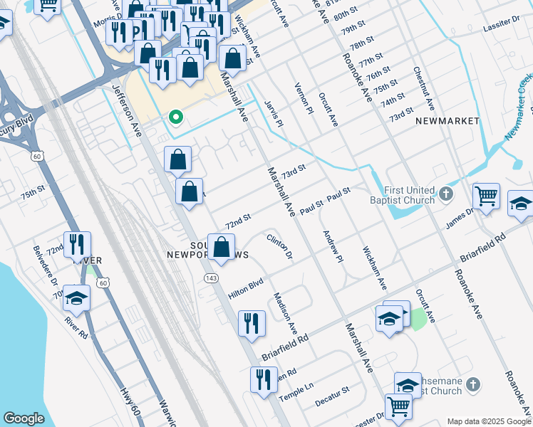 map of restaurants, bars, coffee shops, grocery stores, and more near 631 Clinton Drive in Newport News