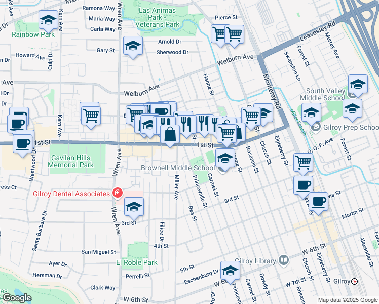 map of restaurants, bars, coffee shops, grocery stores, and more near 7960 Princevalle Street in Gilroy