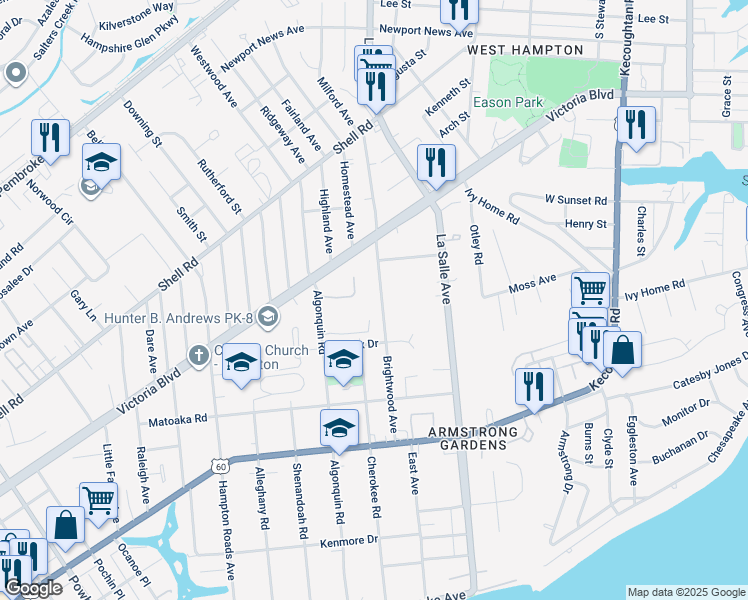 map of restaurants, bars, coffee shops, grocery stores, and more near 345 Brightwood Avenue in Hampton