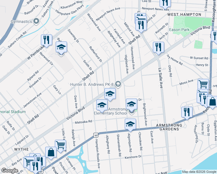 map of restaurants, bars, coffee shops, grocery stores, and more near in Hampton