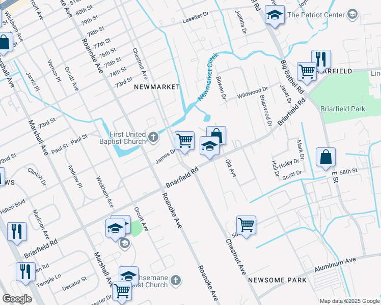 map of restaurants, bars, coffee shops, grocery stores, and more near 6206 Hilmar Place in Newport News