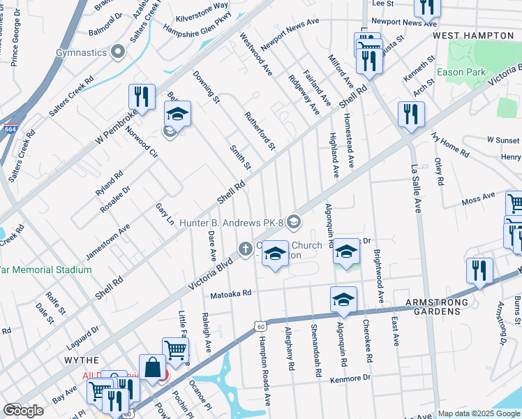 map of restaurants, bars, coffee shops, grocery stores, and more near 413 Colonial Avenue in Hampton