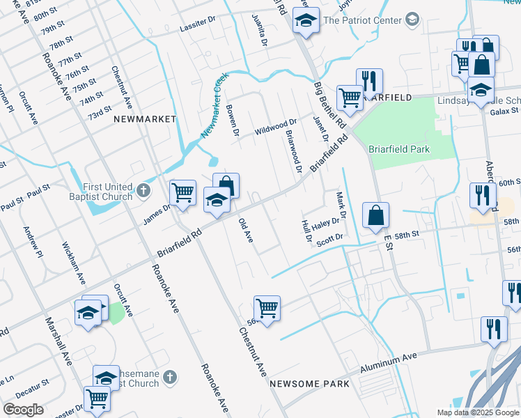 map of restaurants, bars, coffee shops, grocery stores, and more near 6019 Potomac Avenue in Newport News