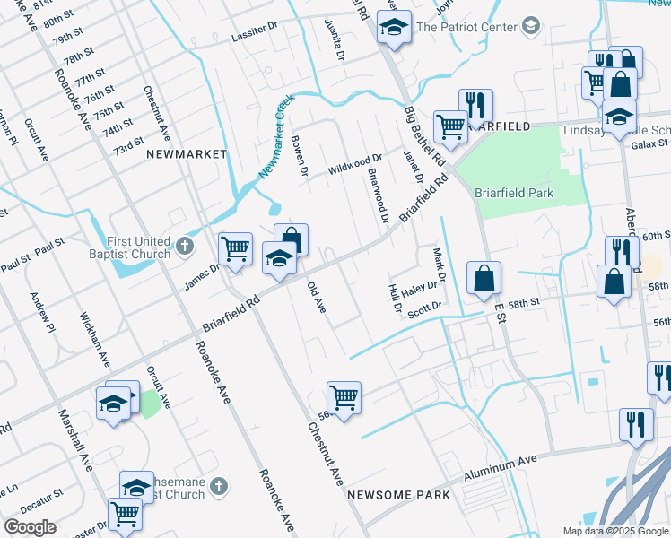 map of restaurants, bars, coffee shops, grocery stores, and more near 6019 Potomac Avenue in Newport News