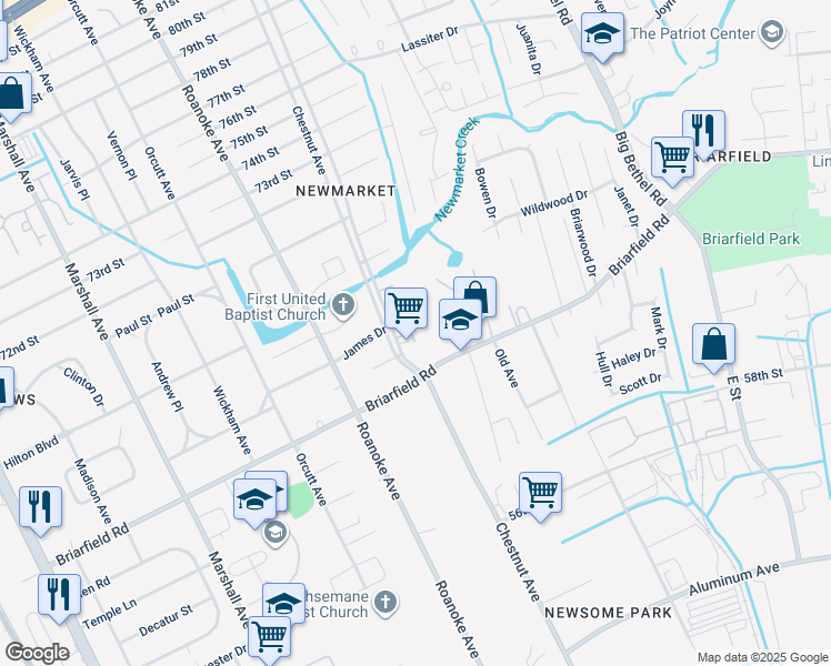 map of restaurants, bars, coffee shops, grocery stores, and more near 6220 Chestnut Avenue in Newport News