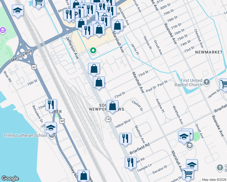 map of restaurants, bars, coffee shops, grocery stores, and more near 7207 Madison Avenue in Newport News