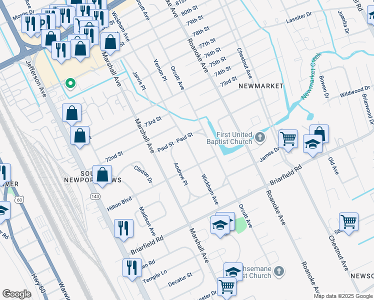 map of restaurants, bars, coffee shops, grocery stores, and more near 5931 Wickham Avenue in Newport News