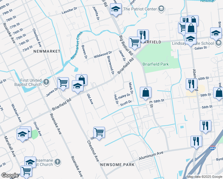 map of restaurants, bars, coffee shops, grocery stores, and more near 4 Hull Drive in Hampton