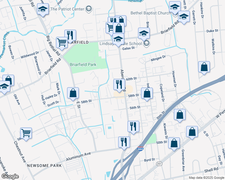 map of restaurants, bars, coffee shops, grocery stores, and more near 615 Aberdeen Road in Hampton