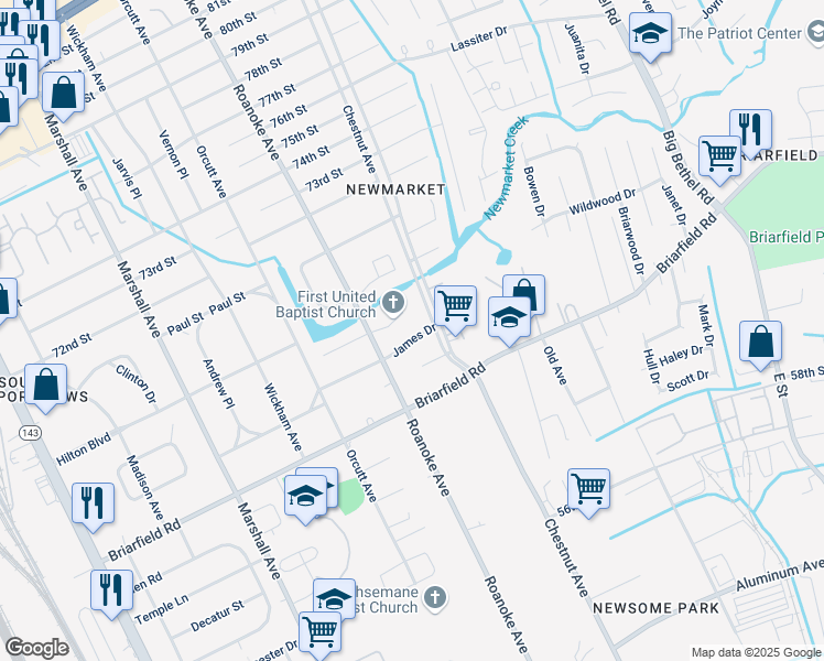 map of restaurants, bars, coffee shops, grocery stores, and more near 1109 James Drive in Newport News