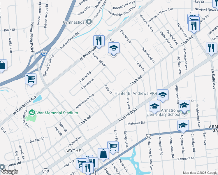 map of restaurants, bars, coffee shops, grocery stores, and more near 607 Gary Lane in Hampton