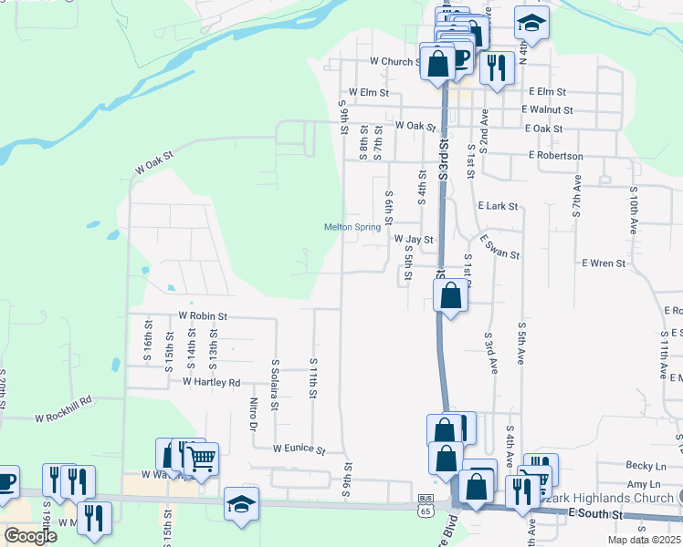 map of restaurants, bars, coffee shops, grocery stores, and more near 901 South 9th Street in Ozark