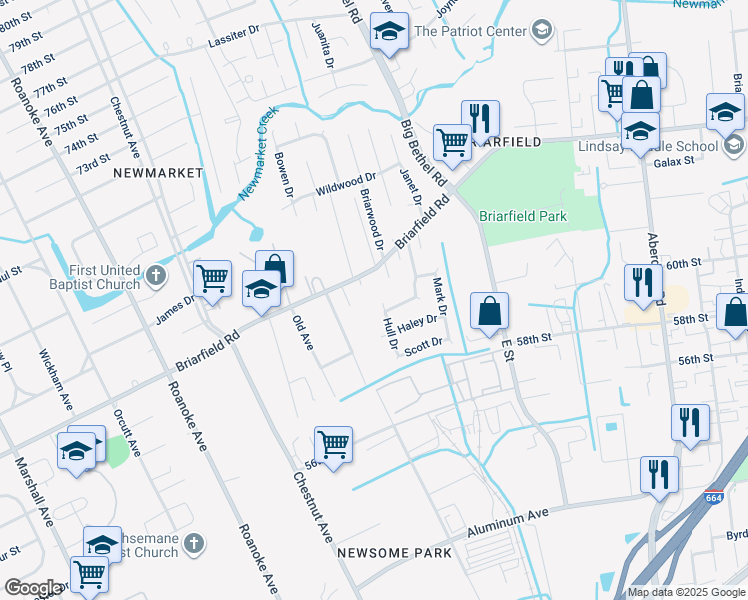 map of restaurants, bars, coffee shops, grocery stores, and more near 4 Hull Drive in Hampton
