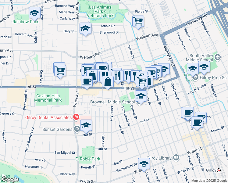 map of restaurants, bars, coffee shops, grocery stores, and more near 7941 Princevalle Street in Gilroy