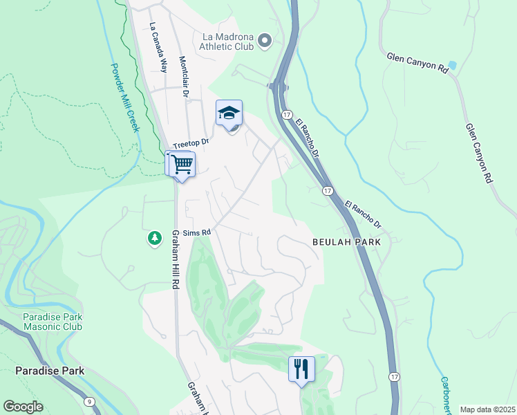 map of restaurants, bars, coffee shops, grocery stores, and more near 245 Sims Road in Santa Cruz