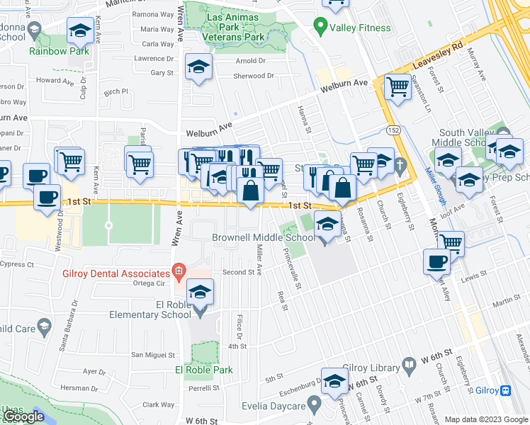 map of restaurants, bars, coffee shops, grocery stores, and more near 7995 Princevalle Street in Gilroy