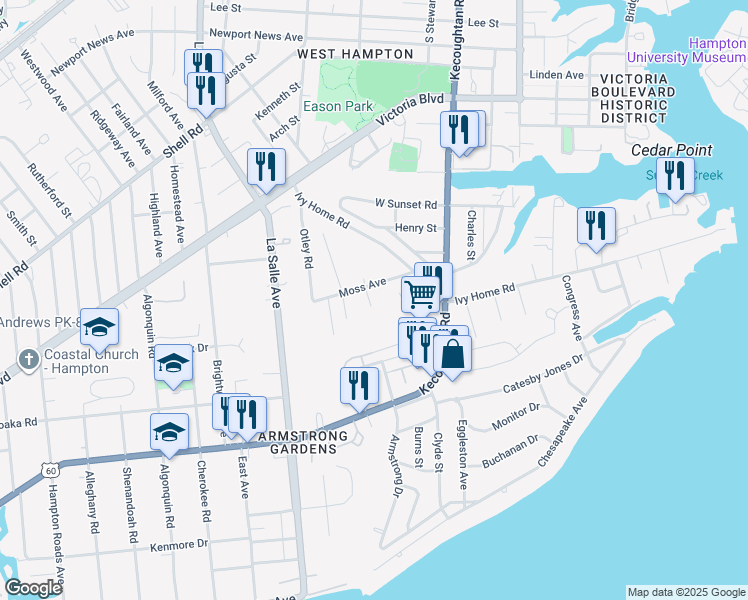 map of restaurants, bars, coffee shops, grocery stores, and more near 56 Pressey Lane in Hampton