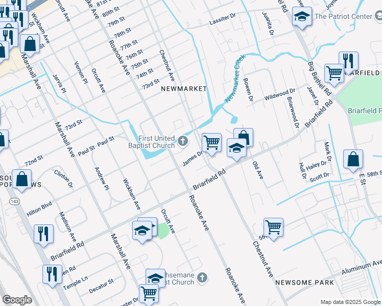 map of restaurants, bars, coffee shops, grocery stores, and more near 1109 James Drive in Newport News