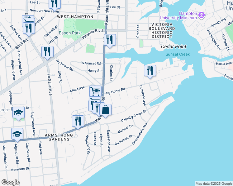 map of restaurants, bars, coffee shops, grocery stores, and more near 123 Ivy Home Road in Hampton
