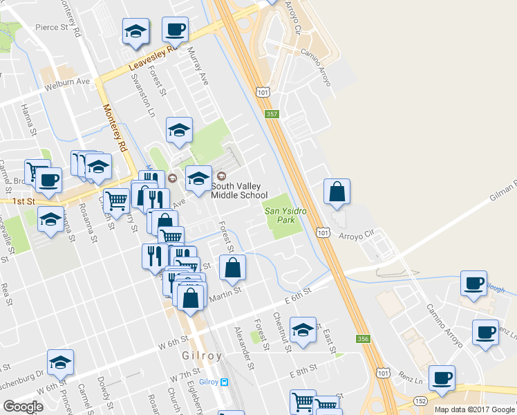 map of restaurants, bars, coffee shops, grocery stores, and more near 7759 Murray Avenue in Gilroy