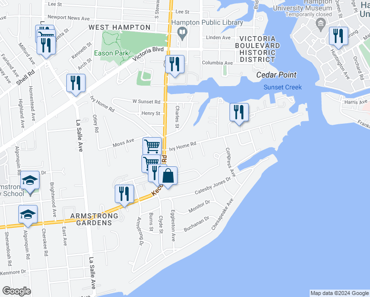 map of restaurants, bars, coffee shops, grocery stores, and more near 123 Ivy Home Road in Hampton