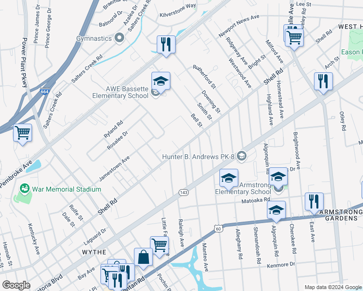 map of restaurants, bars, coffee shops, grocery stores, and more near 2619 Shell Road in Hampton