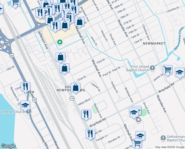 map of restaurants, bars, coffee shops, grocery stores, and more near 631 Clinton Drive in Newport News