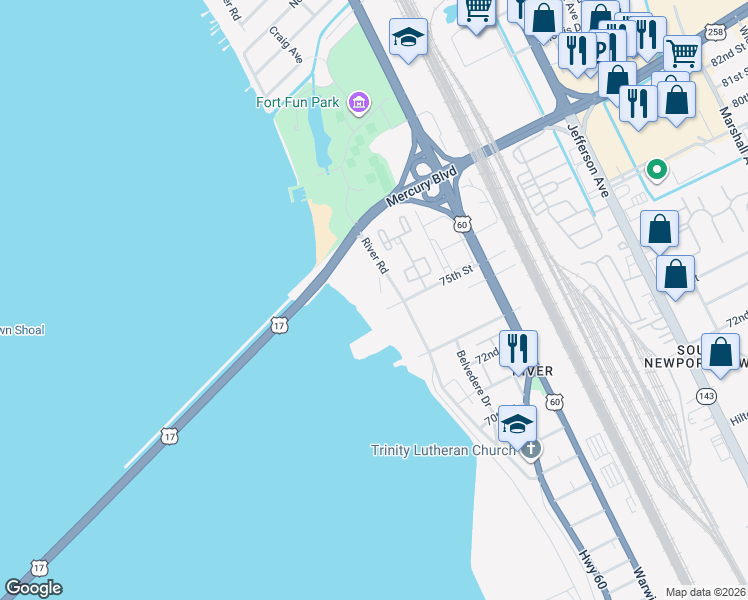 map of restaurants, bars, coffee shops, grocery stores, and more near 7499 River Road in Newport News