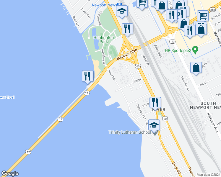 map of restaurants, bars, coffee shops, grocery stores, and more near 7501 River Road in Newport News