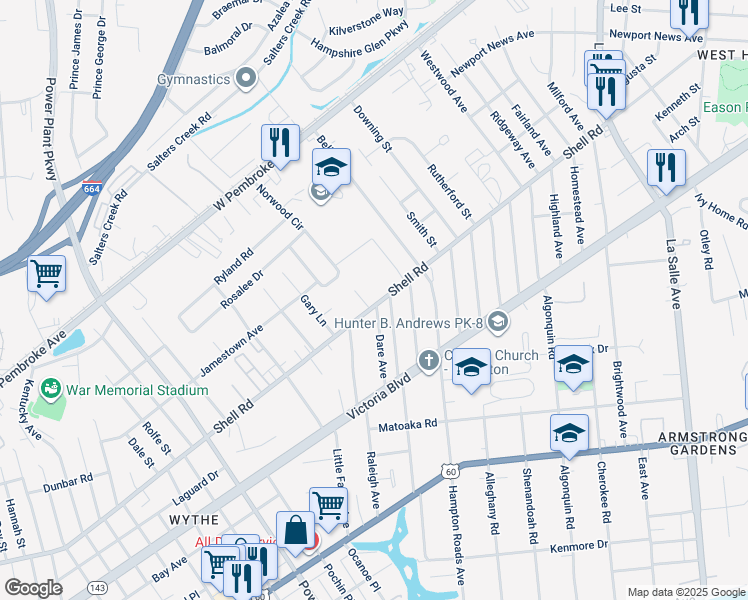map of restaurants, bars, coffee shops, grocery stores, and more near 2619 Shell Road in Hampton