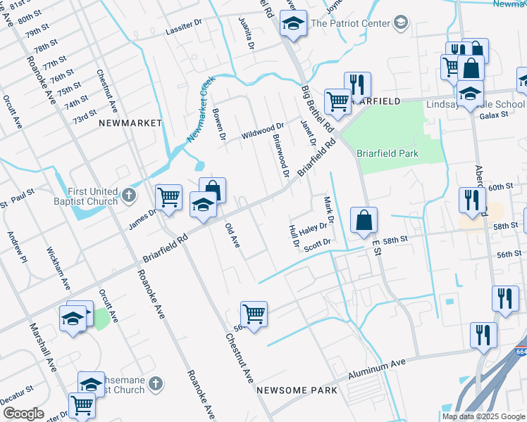 map of restaurants, bars, coffee shops, grocery stores, and more near 1506 Briarfield Road in Hampton