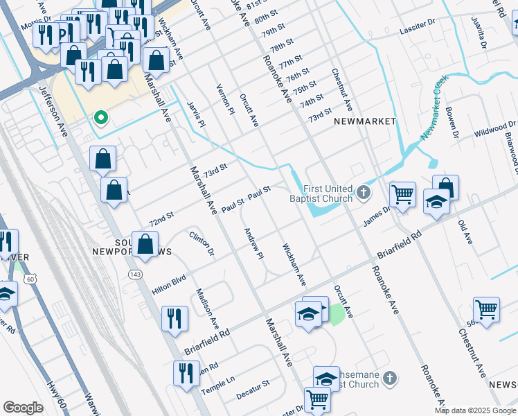 map of restaurants, bars, coffee shops, grocery stores, and more near 5933 Wickham Avenue in Newport News
