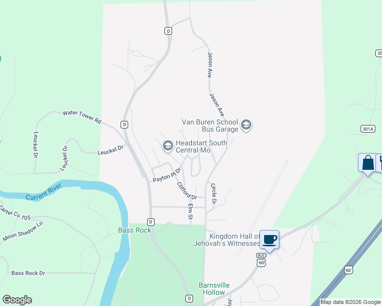 map of restaurants, bars, coffee shops, grocery stores, and more near 1806 Payton Place Drive in Van Buren