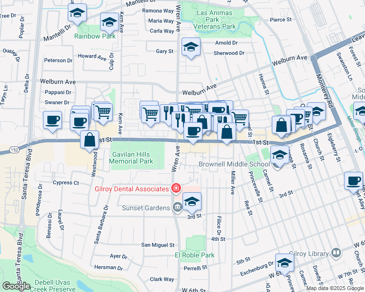 map of restaurants, bars, coffee shops, grocery stores, and more near 7979 Kipling Circle in Gilroy