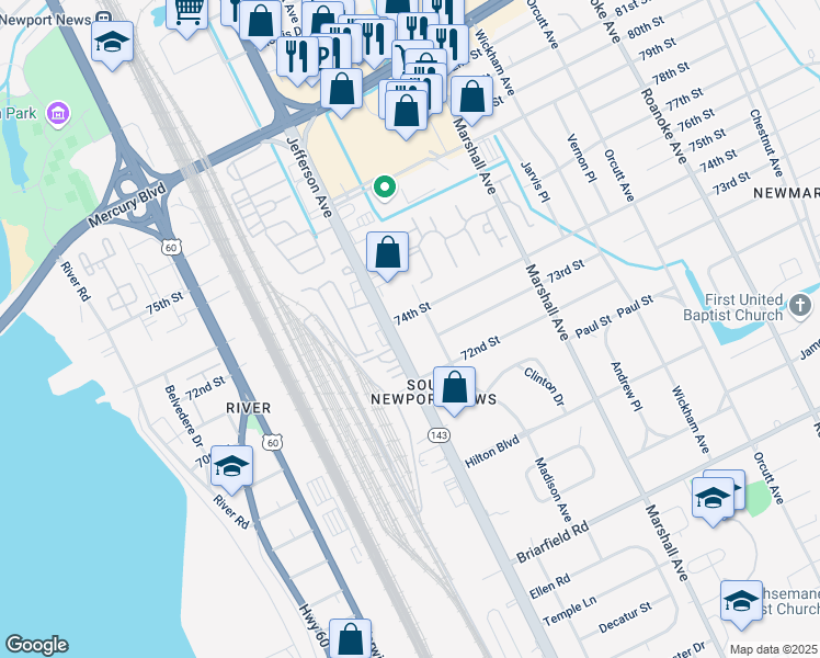 map of restaurants, bars, coffee shops, grocery stores, and more near 602 74th Street in Newport News