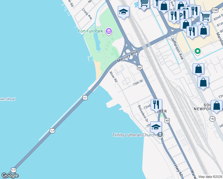 map of restaurants, bars, coffee shops, grocery stores, and more near 7499 River Road in Newport News